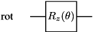 \[ \begin{tikzpicture}[scale=.5] \node[draw=none] at (-3.5, 0) {rot}; \draw (-2,0) -- (-1, 0); \draw (1, 0) -- (2, 0); \draw (-1,-1)--(-1,1)--(1,1)--(1,-1)--cycle; \node[draw=none] at (0, 0) {$R_z(\theta)$}; \end{tikzpicture} \]